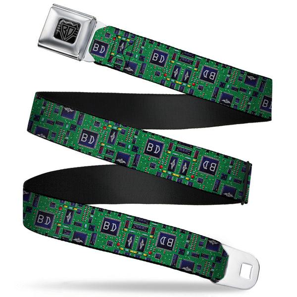Buckle-Down BD Wings Logo CLOSE-UP Full Color Black Silver Seatbelt Belt - Circuit Board Webbing