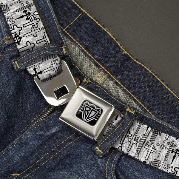 Buckle-Down BD Wings Logo CLOSE-UP Full Color Black Silver Seatbelt Belt - Crosses Assorted Distressed White/Black Webbing