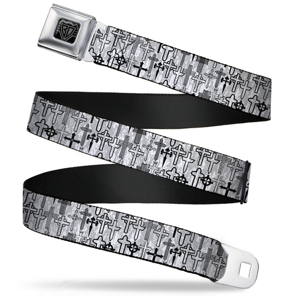 Buckle-Down BD Wings Logo CLOSE-UP Full Color Black Silver Seatbelt Belt - Crosses Assorted Distressed White/Black Webbing