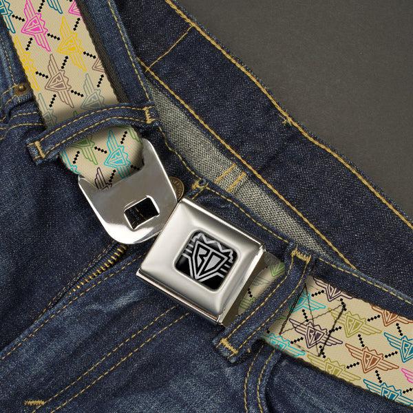 Buckle-Down BD Wings Logo CLOSE-UP Full Color Black Silver Seatbelt Belt - BD Monogram Tan/Multi Neon Webbing