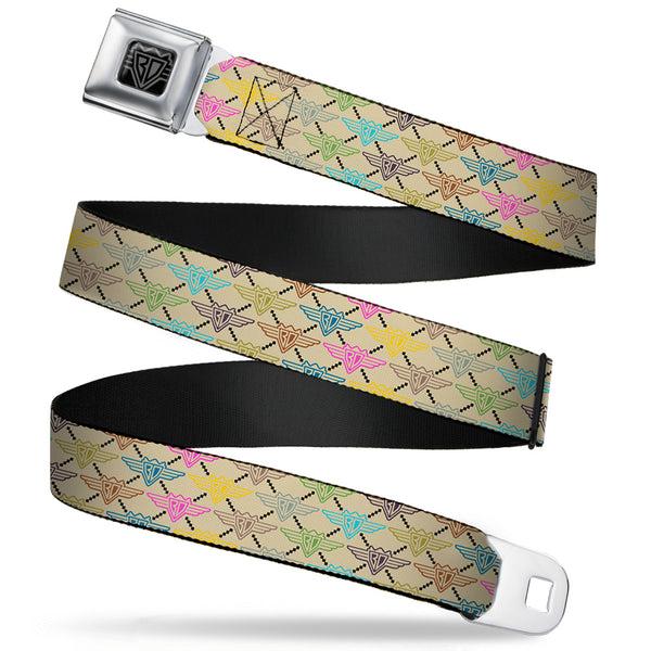 Buckle-Down BD Wings Logo CLOSE-UP Full Color Black Silver Seatbelt Belt - BD Monogram Tan/Multi Neon Webbing
