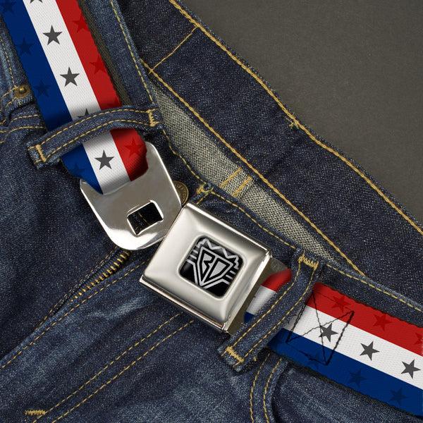Buckle-Down BD Wings Logo CLOSE-UP Full Color Black Silver Seatbelt Belt - Americana Star Stripes Red/White/Blue Webbing
