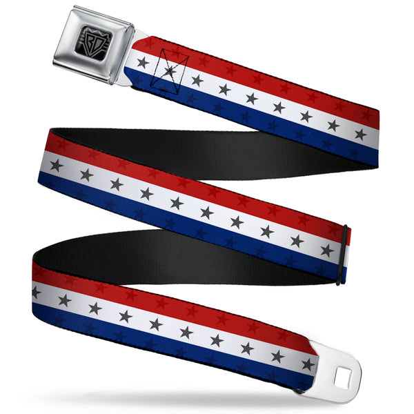 Buckle-Down BD Wings Logo CLOSE-UP Full Color Black Silver Seatbelt Belt - Americana Star Stripes Red/White/Blue Webbing