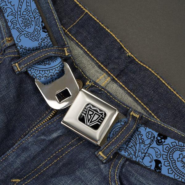 Buckle-Down BD Wings Logo CLOSE-UP Full Color Black Silver Seatbelt Belt - Bandana/Skulls Baby Blue/Black Webbing