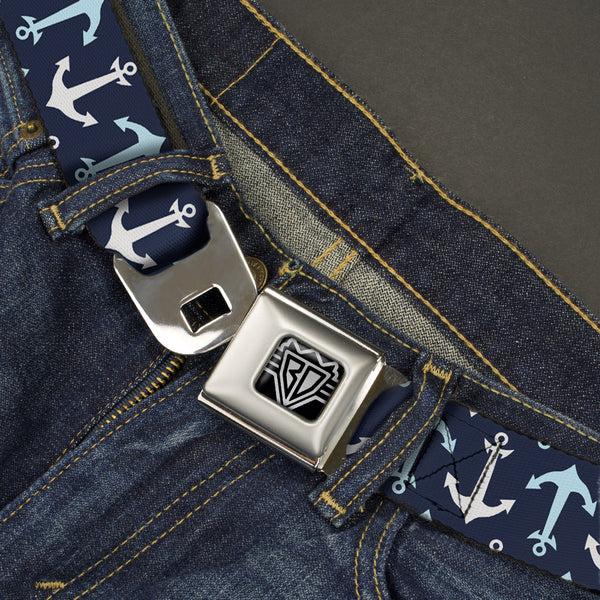 Buckle-Down BD Wings Logo CLOSE-UP Full Color Black Silver Seatbelt Belt - Anchor2 Flip CLOSE-UP Navy/Baby Blue/White Webbing