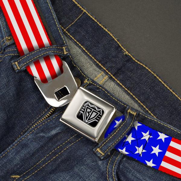 Buckle-Down BD Wings Logo CLOSE-UP Full Color Black Silver Seatbelt Belt - Americana Stars & Stripes3 Red/White/Blue Webbing