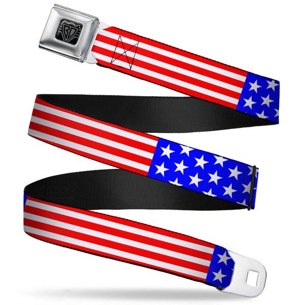 Buckle-Down BD Wings Logo CLOSE-UP Full Color Black Silver Seatbelt Belt - Americana Stars & Stripes3 Red/White/Blue Webbing