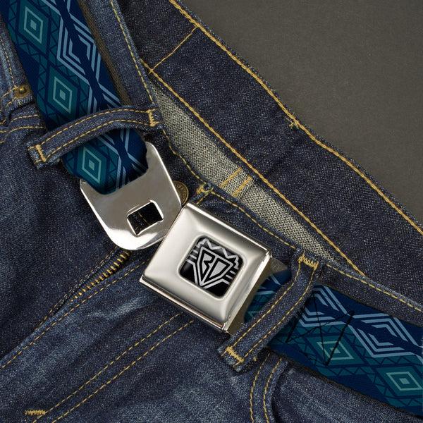 Buckle-Down BD Wings Logo CLOSE-UP Full Color Black Silver Seatbelt Belt - Aztec3 Blues Webbing
