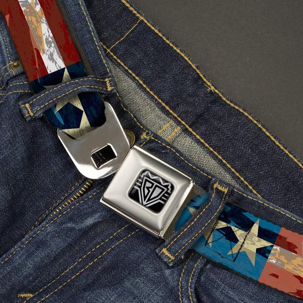 Buckle-Down BD Wings Logo CLOSE-UP Full Color Black Silver Seatbelt Belt - Americana Vintage Stars & Stripes Webbing