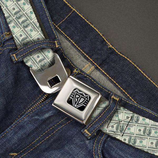 Buckle-Down BD Wings Logo CLOSE-UP Full Color Black Silver Seatbelt Belt - 100 Dollar Bill Old Series 2006 Repeat Webbing