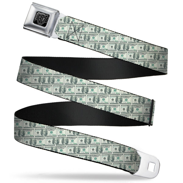 Buckle-Down BD Wings Logo CLOSE-UP Full Color Black Silver Seatbelt Belt - 100 Dollar Bill Old Series 2006 Repeat Webbing