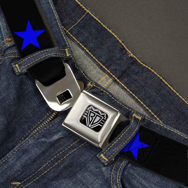 Buckle-Down BD Wings Logo CLOSE-UP Full Color Black Silver Seatbelt Belt - Star Black/Blue Webbing