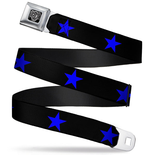 Buckle-Down BD Wings Logo CLOSE-UP Full Color Black Silver Seatbelt Belt - Star Black/Blue Webbing