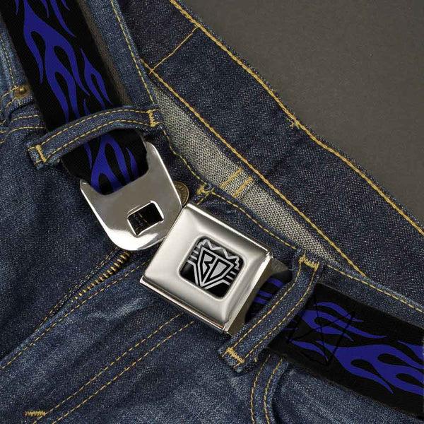 Buckle-Down BD Wings Logo CLOSE-UP Full Color Black Silver Seatbelt Belt - Flame Blue Webbing