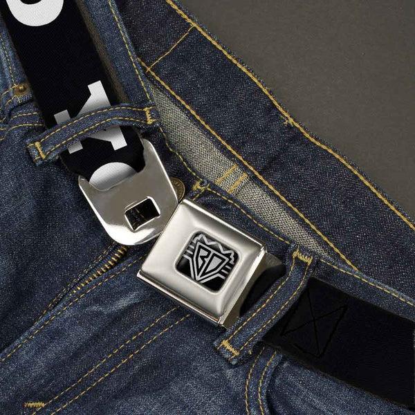 Buckle-Down BD Wings Logo CLOSE-UP Full Color Black Silver Seatbelt Belt - YOLO Bold Black/White Webbing