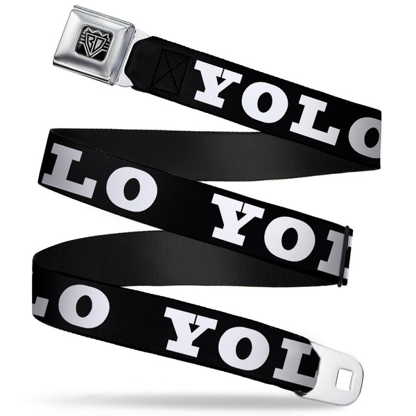 Buckle-Down BD Wings Logo CLOSE-UP Full Color Black Silver Seatbelt Belt - YOLO Bold Black/White Webbing