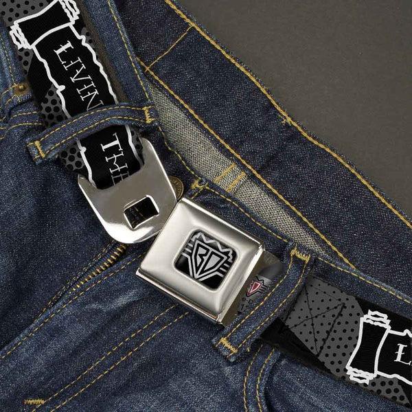 Buckle-Down BD Wings Logo CLOSE-UP Full Color Black Silver Seatbelt Belt - LIVING THE DREAM Scroll Gray/Black/White Webbing