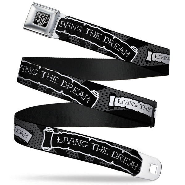 Buckle-Down BD Wings Logo CLOSE-UP Full Color Black Silver Seatbelt Belt - LIVING THE DREAM Scroll Gray/Black/White Webbing