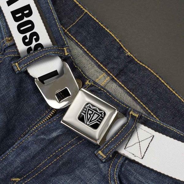 Buckle-Down BD Wings Logo CLOSE-UP Full Color Black Silver Seatbelt Belt - LIKE A BOSS White/Black Webbing
