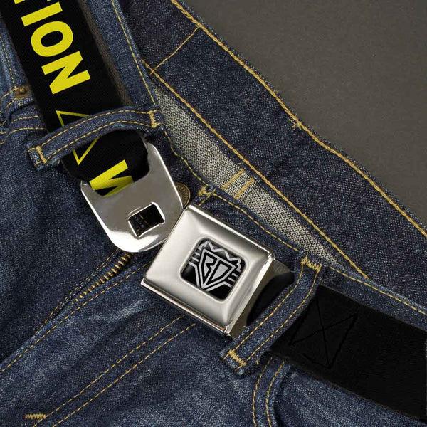 Buckle-Down BD Wings Logo CLOSE-UP Full Color Black Silver Seatbelt Belt - CAUTION WATCH YOUR DUBSTEP Black/Yellow Webbing
