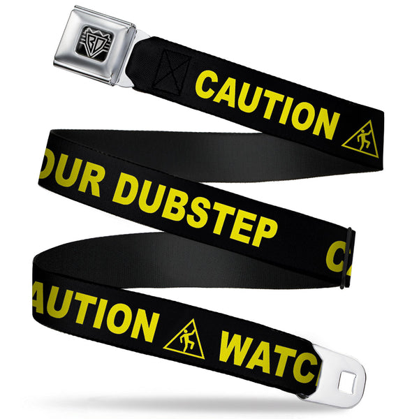 Buckle-Down BD Wings Logo CLOSE-UP Full Color Black Silver Seatbelt Belt - CAUTION WATCH YOUR DUBSTEP Black/Yellow Webbing