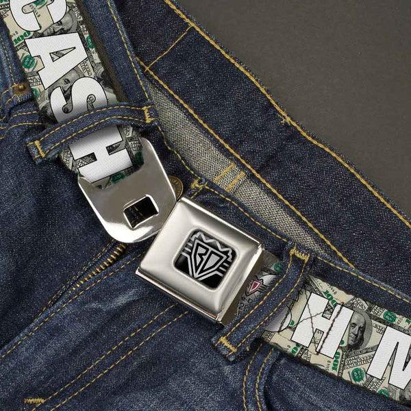 Buckle-Down BD Wings Logo CLOSE-UP Full Color Black Silver Seatbelt Belt - CASH MONEY $ Dollars/White Webbing