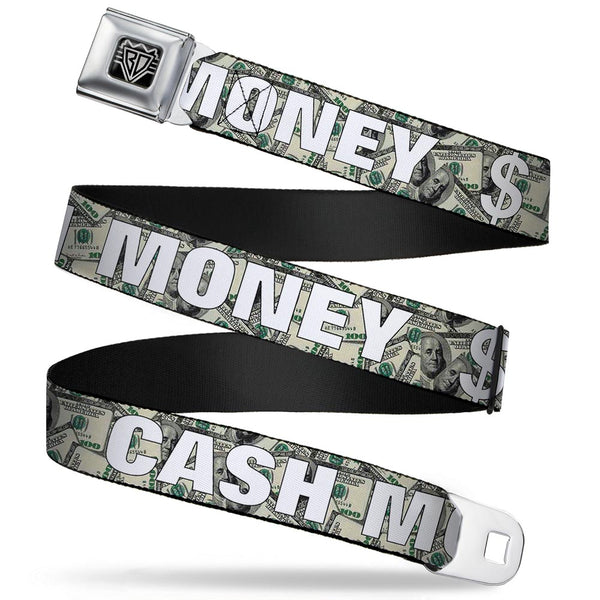 Buckle-Down BD Wings Logo CLOSE-UP Full Color Black Silver Seatbelt Belt - CASH MONEY $ Dollars/White Webbing