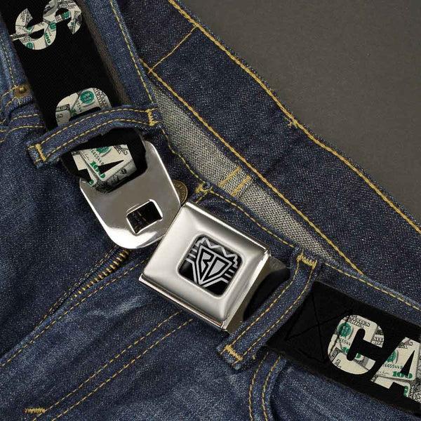 Buckle-Down BD Wings Logo CLOSE-UP Full Color Black Silver Seatbelt Belt - CASH MONEY $ Black/Dollars Webbing