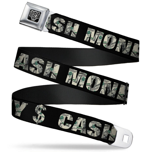 Buckle-Down BD Wings Logo CLOSE-UP Full Color Black Silver Seatbelt Belt - CASH MONEY $ Black/Dollars Webbing