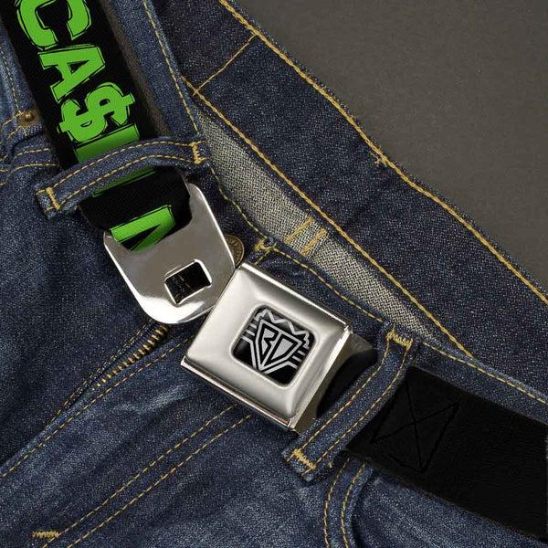 Buckle-Down BD Wings Logo CLOSE-UP Full Color Black Silver Seatbelt Belt - CA$H MONEY Black/Green Webbing
