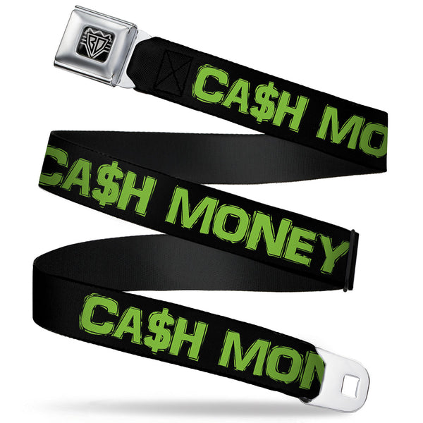 Buckle-Down BD Wings Logo CLOSE-UP Full Color Black Silver Seatbelt Belt - CA$H MONEY Black/Green Webbing
