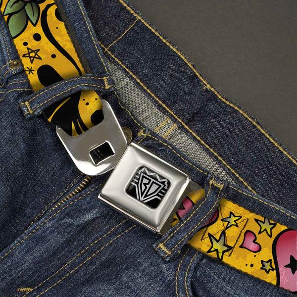 Buckle-Down BD Wings Logo CLOSE-UP Full Color Black Silver Seatbelt Belt - Mom & Dad CLOSE-UP Yellow Webbing