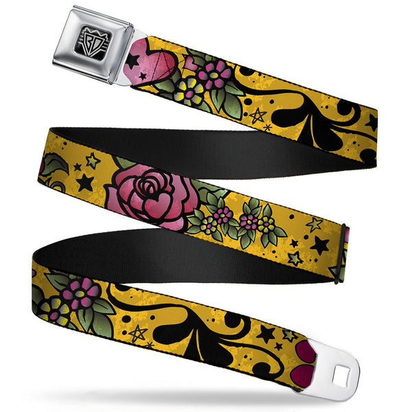 Buckle-Down BD Wings Logo CLOSE-UP Full Color Black Silver Seatbelt Belt - Mom & Dad CLOSE-UP Yellow Webbing