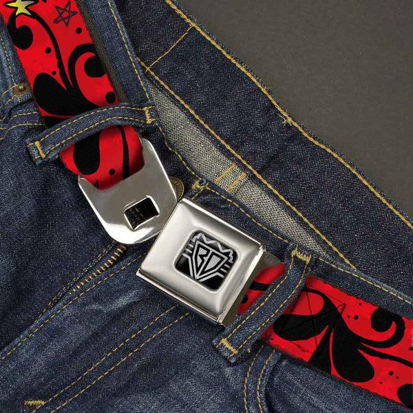 Buckle-Down BD Wings Logo CLOSE-UP Full Color Black Silver Seatbelt Belt - Mom & Dad CLOSE-UP Red Webbing