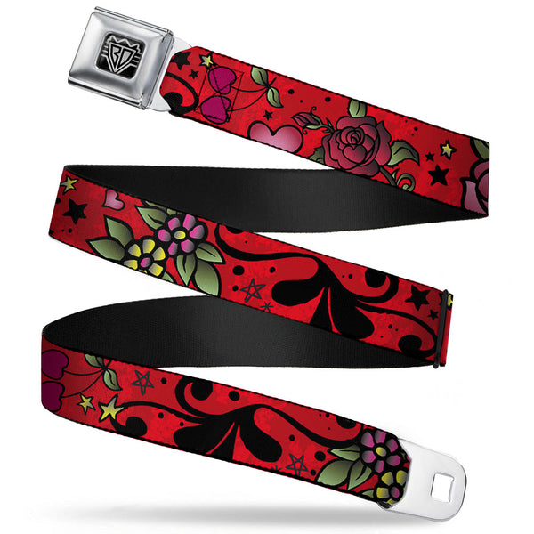 Buckle-Down BD Wings Logo CLOSE-UP Full Color Black Silver Seatbelt Belt - Mom & Dad CLOSE-UP Red Webbing