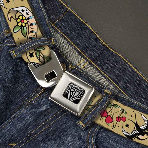 Buckle-Down BD Wings Logo CLOSE-UP Full Color Black Silver Seatbelt Belt - Lucky Tan Webbing
