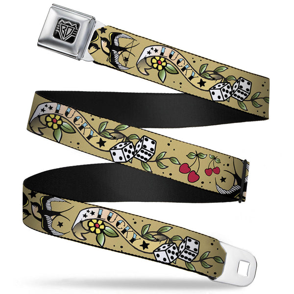 Buckle-Down BD Wings Logo CLOSE-UP Full Color Black Silver Seatbelt Belt - Lucky Tan Webbing