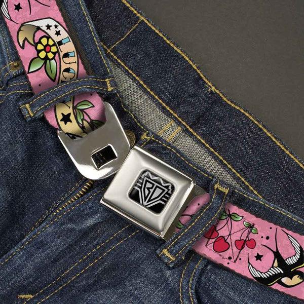 Buckle-Down BD Wings Logo CLOSE-UP Full Color Black Silver Seatbelt Belt - Lucky Pink Webbing