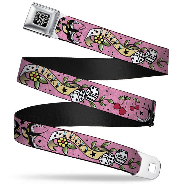 Buckle-Down BD Wings Logo CLOSE-UP Full Color Black Silver Seatbelt Belt - Lucky Pink Webbing