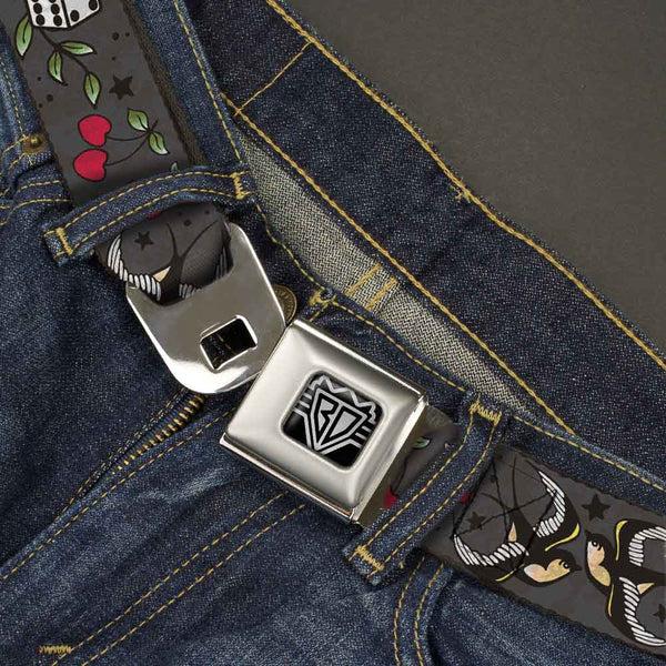 Buckle-Down BD Wings Logo CLOSE-UP Full Color Black Silver Seatbelt Belt - Lucky CLOSE-UP Gray Webbing