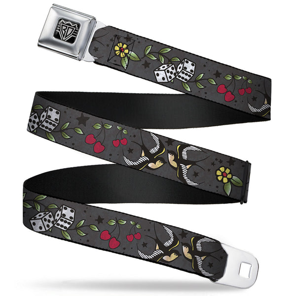 Buckle-Down BD Wings Logo CLOSE-UP Full Color Black Silver Seatbelt Belt - Lucky CLOSE-UP Gray Webbing