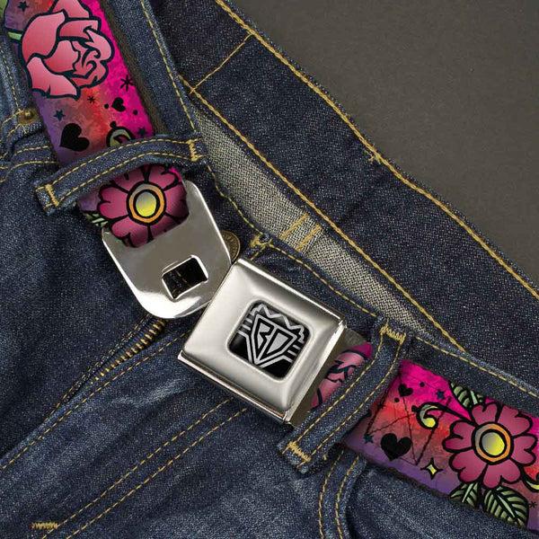 Buckle-Down BD Wings Logo CLOSE-UP Full Color Black Silver Seatbelt Belt - Love Love Pink Webbing