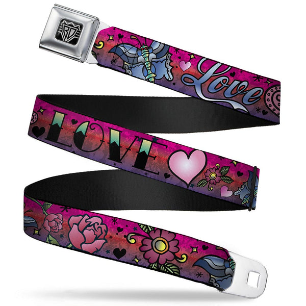 Buckle-Down BD Wings Logo CLOSE-UP Full Color Black Silver Seatbelt Belt - Love Love Pink Webbing