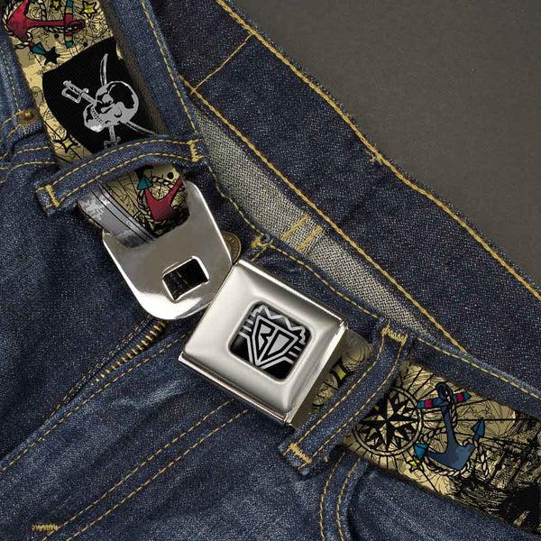 Buckle-Down BD Wings Logo CLOSE-UP Full Color Black Silver Seatbelt Belt - Dead Men Tell No Tales CLOSE-UP Tan Webbing