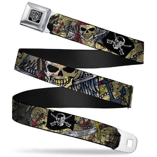 Buckle-Down BD Wings Logo CLOSE-UP Full Color Black Silver Seatbelt Belt - Dead Men Tell No Tales CLOSE-UP Tan Webbing