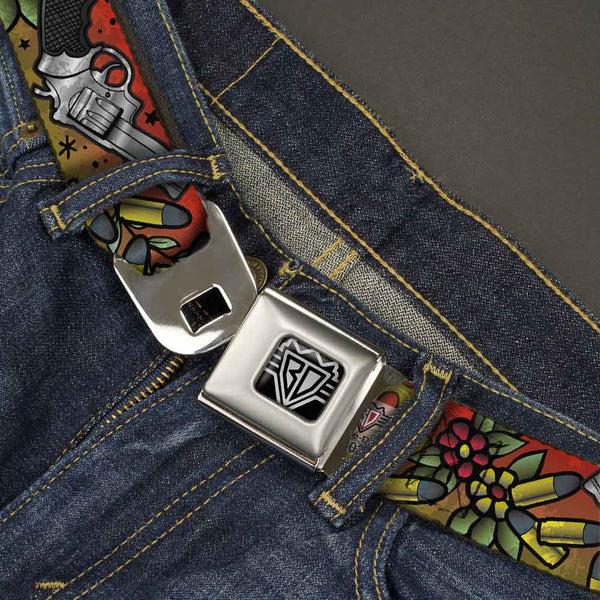 Buckle-Down BD Wings Logo CLOSE-UP Full Color Black Silver Seatbelt Belt - Born To Raise Hell CLOSE-UP Red Webbing