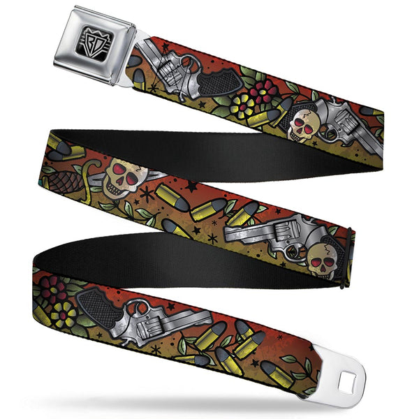 Buckle-Down BD Wings Logo CLOSE-UP Full Color Black Silver Seatbelt Belt - Born to Raise Hell CLOSE-UP Red Webbing