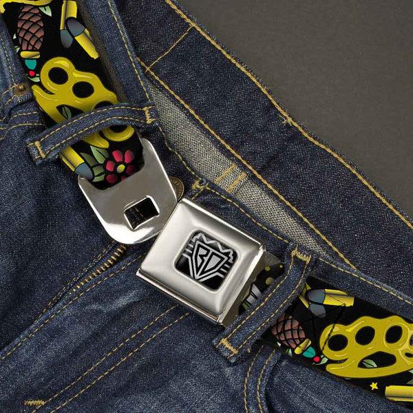 Buckle-Down BD Wings Logo CLOSE-UP Full Color Black Silver Seatbelt Belt - Born To Raise Hell Black Webbing