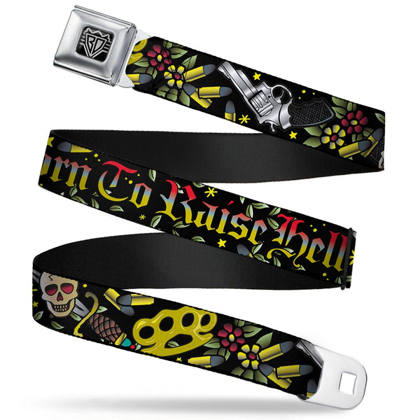 Buckle-Down BD Wings Logo CLOSE-UP Full Color Black Silver Seatbelt Belt - Born to Raise Hell Black Webbing