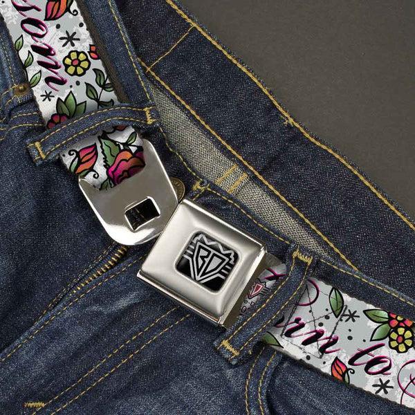 Buckle-Down BD Wings Logo CLOSE-UP Full Color Black Silver Seatbelt Belt - Born To Blossom White Webbing